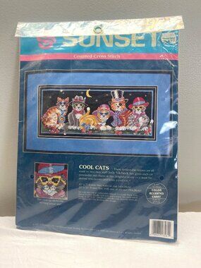 Sunset Counted Cross Stitch Kit Cool Cats Sealed Vintage Craft Sewing